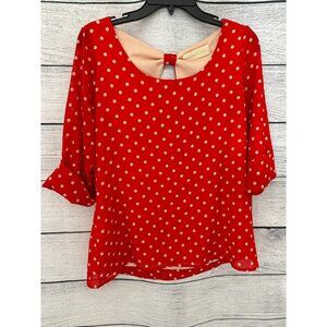 Peaches and Cream Polka Dot Blouse w/ Buttoned Sleeves & Keyhole Back Size M